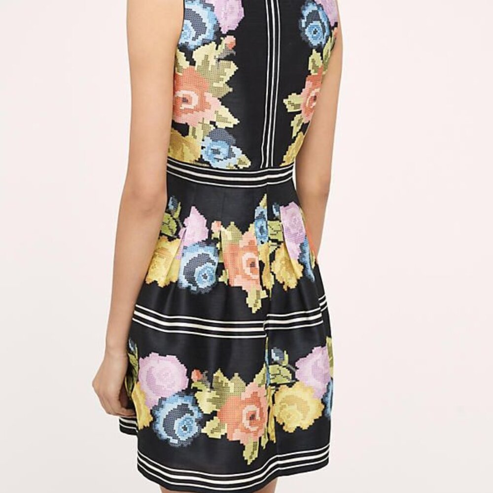 ANTHROPOLOGIE Primula Dress Colorful Pixelated Floral Print Fit & Flare Black - Picture 3 of 8